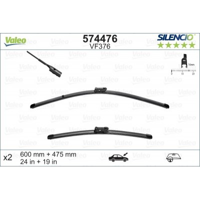 VALEO VF376 600-475MM X2 SILENCIO PLANA - 574476 - VOLKSWAGEN Passat 7 4 Doors (Chassis NÂ¡ 3C-B-200001 -) 09/11-10/14