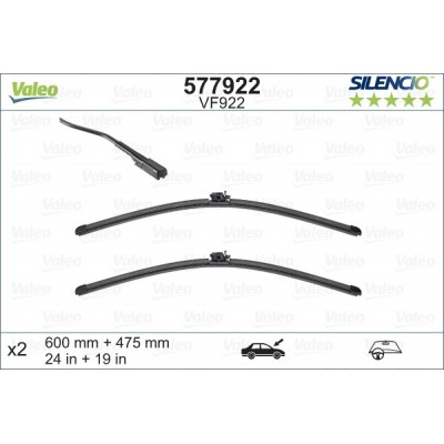 VALEO VF922 600-475MM X2 SILENCIO PLANA - 577922 - MERCEDES A-Class -176 5 Doors (fitting TL MB adaptor) 08/15-